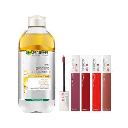 מארז הכולל מים מיסלריים דו פאזיים + שפתון נוזלי 'סופר סטיי' בגימור מט - גרנייה + מייבלין