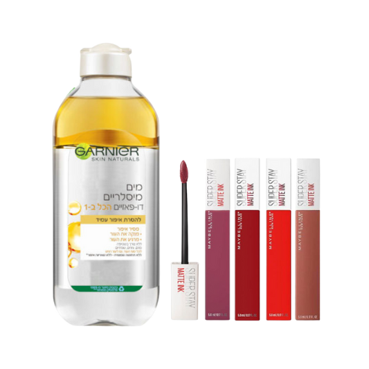 מארז הכולל מים מיסלריים דו פאזיים + שפתון נוזלי 'סופר סטיי' בגימור מט - גרנייה + מייבלין