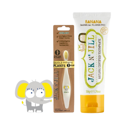 מארז משחת שיניים טבעית לתינוקות בטעם בננה + מברשת שיניים בעיצוב פיל 50 גרם - ג'ק אן ג'יל