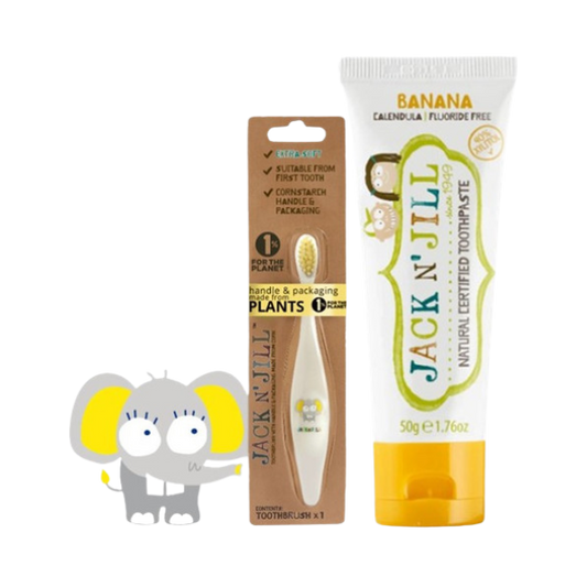 מארז משחת שיניים טבעית לתינוקות בטעם בננה + מברשת שיניים בעיצוב פיל 50 גרם - ג'ק אן ג'יל