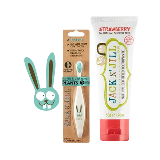 מארז משחת שיניים טבעית לתינוקות בטעם תות + מברשת שיניים בעיצוב ארנב 50 גרם - ג'ק אן ג'יל