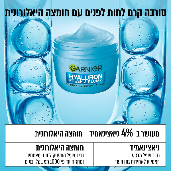 קרם סורבה חומצה היאלורונית להחזרת נפח לעור הפנים 85 מ"ל - גרנייה
