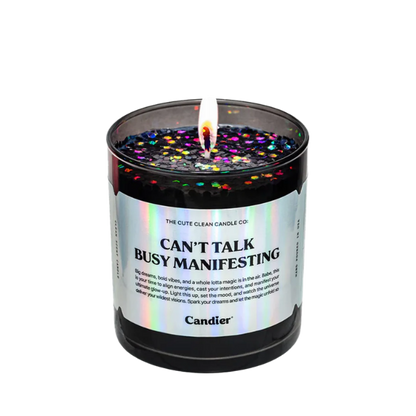 נר סויה 'Can't Talk Busy Manifesting' בעיצוב נצנצים שחורים 255 גרם - Candier